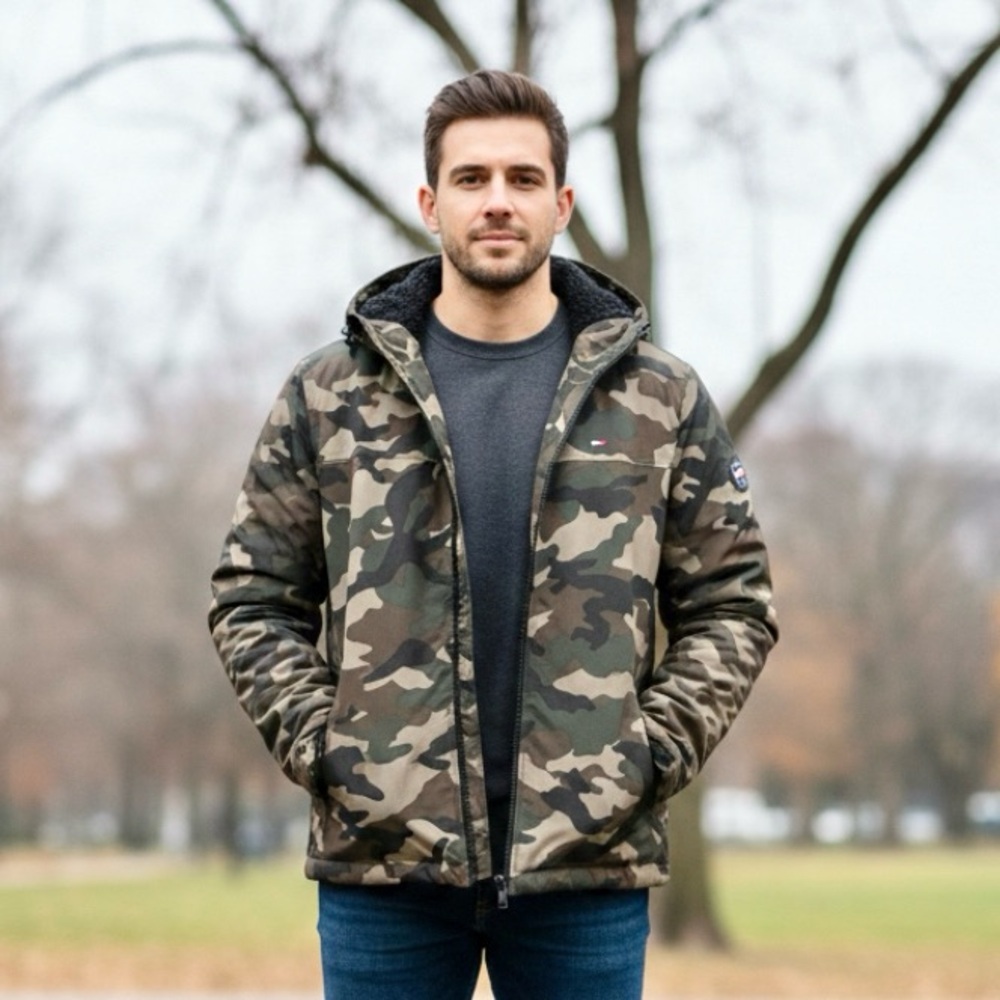 Tommy Hilfiger Men’s Sherpa Lined Softshell Hooded Camo Jacket Size M Medium